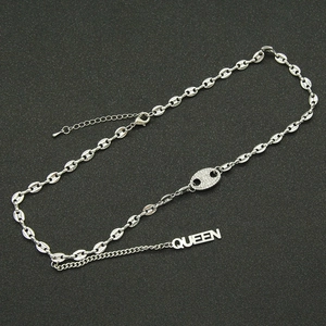 Silver pig nose chain necklace with sparkling zircon link and Queen letter pendant