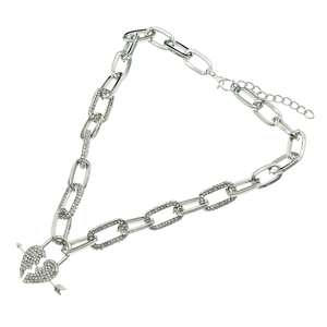 Silver Cuban link necklace with iced out broken heart and Cupid arrow pendant