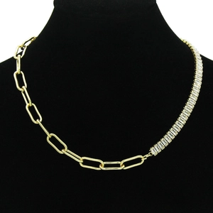 Women Gold Plated Copper Necklace Baguette Zirconia Inlaid Paperclip Chain Splice Design Toggle Clasp INS Style Jewelry