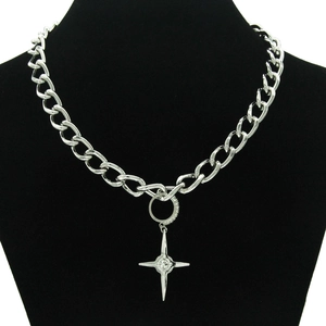 Fashion Silver Alloy Star Pendant Necklace For Women Cuban Link Chain Choker With Rhinestone Inlaid Gothic Punk Jewelry