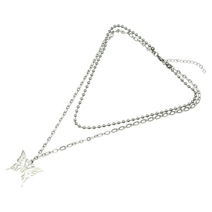 Double-layered stainless steel necklace with a butterfly pendant and ball chain link