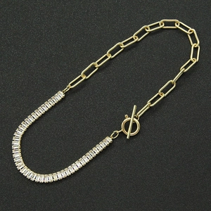 Chic gold chain necklace with rectangular zircon stones and a toggle OT clasp design