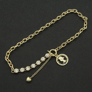 Hip hop gold chain necklace with sparkling zircon, queen coin and heart charms
