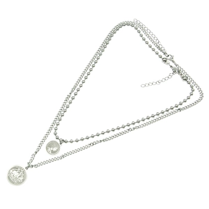 Double-layered silver coin necklace with bead and flat chain in retro streetwear style