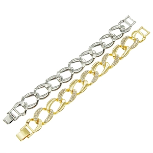 Fashionable Cuban link bracelets in gold and silver with sparkling rhinestones in a pair