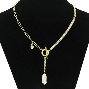 Asymmetric Link Paperclip Chain Necklace With Artificial Baroque Pearl And Rectangle Zirconia Toggle Clasp Gold Plated For Women
