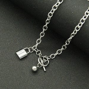 Harajuku style stainless steel necklace with padlock pendant and round bead OT clasp
