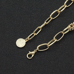 Macro detail of gold coin pendant on paperclip chain with lobster clasp and zircon