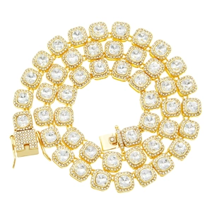 Lujoso collar hip hop bañado en oro con eslabones cuadrados y circonitas redondas brillantes