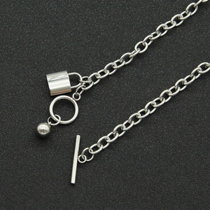 Harajuku punk titanium steel necklace with bell lock pendant and OT toggle clasp closure