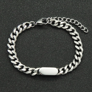 Punk style stainless steel Cuban link bracelet with oval ID tag and lobster clasp