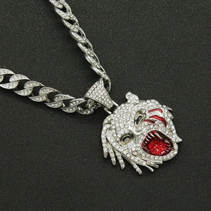 Collier chaîne cubaine hip hop avec pendentif tête de tigre glacé en argent et rouge
