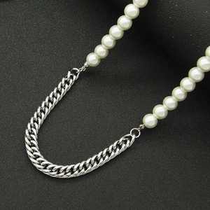 Cool pearl and silver Cuban link splice necklace for men and women on black background