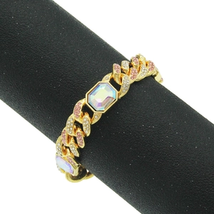 Bracelet cubain doré hip hop avec diamants roses et pierre centrale aurora borealis