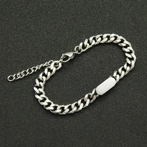 Silver stainless steel Cuban link bracelet with engravable id plate for men and women
