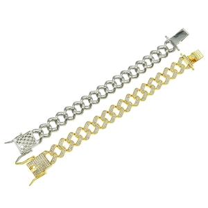 Bracelet cubain pour homme en or avec zircons blancs et chaîne en argent poli brillant