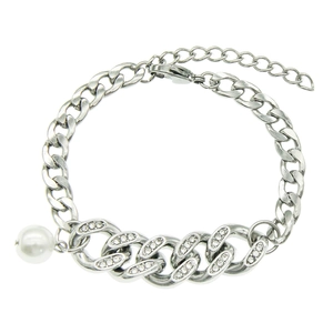 Cuban Link Bracelet Stainless Steel Iced Out Rhinestone With Artificial Pearl Pendant Hip Hop Fashion Unisex