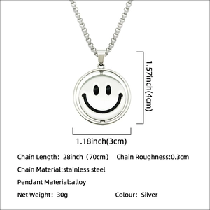 Hip hop silver chain with double-sided smiley face pendant and sizing details