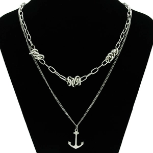 Industrial Style Titanium Steel Double Layer Necklace Silver Cuban O-Chain Anchor Pendant Spliced Multi-Layer Jewelry