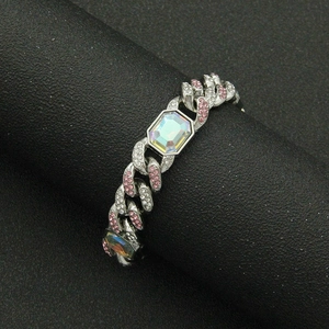 Bracelet Cuban argent hip hop avec cristal de coupe émeraude et pierres roses pavées