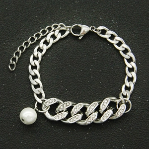 Silver Cuban link bracelet with sparkling rhinestones and elegant white pearl pendant