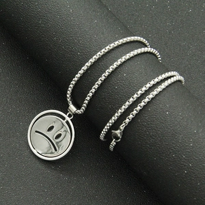 Industrial silver spinning sad face pendant necklace with polished cuboid bead chain
