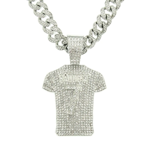Detail of silver iced out Cuban chain with Baddest number 7 jersey pendant