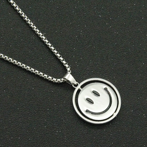 Rotating double-sided silver smiley face pendant on a sleek box chain for men and women