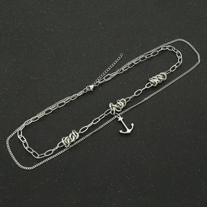 Double-layered silver titanium steel Cuban chain necklace with anchor pendant detail