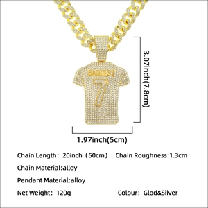 Hip hop men's iced out jersey pendant with 20 inch Cuban link chain in gold finish