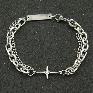 Bracelet double chaîne cubaine avec pendentif étoile et plaque d'identité vierge argentée
