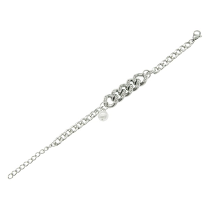 Titanium steel Cuban chain bracelet with crystals and a white pearl charm for women