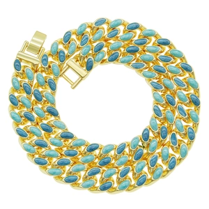 Collier chaîne cubaine hip-hop avec placage en or et pierres de cristal turquoise