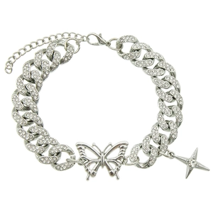 Bracelet cubain argenté serti de strass avec pendentifs papillon et étoile scintillants