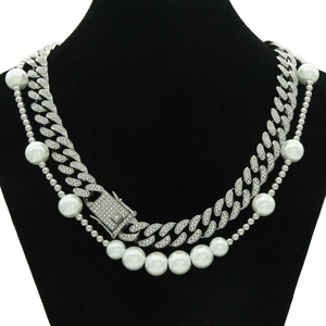 Collier Chaîne Cubaine Hip Hop Et Künstliche Perles D'Imitation Alliage Strass Incrusté Bijoux Streetwear Pour Hommes Et Femmes