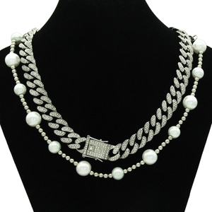Parure de colliers hip hop avec chaîne cubaine glacée et grosses perles blanches pour homme