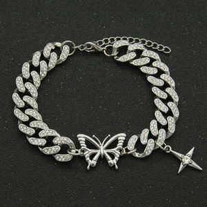 Bracelet Papillon Maille Gourmette Hip Hop pour Femmes Hommes Strass Alliage Chaîne Réglable Bijoux Streetwear Cadeau