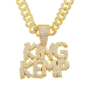 Hip hop cuban link chain with large iced out KING KEMP letter pendant in gold finish