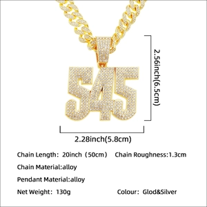 Hip hop gold plated 545 number pendant with iced out crystals and 13mm Cuban chain