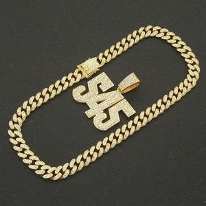 Iced-out gold Cuban link necklace with SAY letter pendant encrusted with white zircons