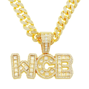 Collar hip hop con colgante de letra WCEB, cadena cubana dorada y cristales brillantes