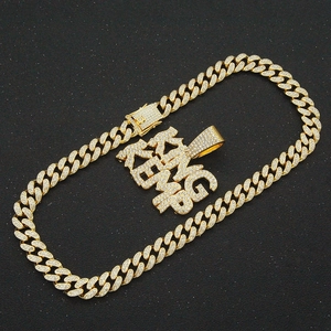 Men's hip hop gold Cuban link chain with iced out KING KEMP letter pendant necklace