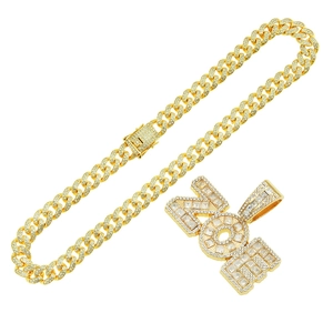 Gold Cuban link chain necklace with iced out ZOE letter pendant and square diamonds