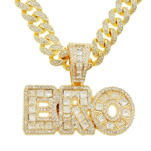 Collier Hip Hop Iced Out avec Pendentif Lettre BRO pour Hommes Femmes Or Argent Alliage Chaîne Gourmette Strass Bijoux