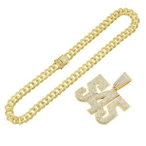 Iced out gold Cuban link chain necklace with GANG letter pendant for men hip hop style