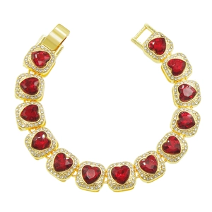 Bracciale hip hop dorato con cristalli a cuore rosso e strass bianchi scintillanti