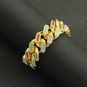 Bracelet cubain large pour hommes en or avec pierres carrées colorées et strass