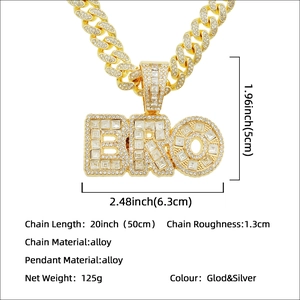 Chaîne cubaine dorée hip hop avec pendentif lettre BRO serti de brillants pour homme