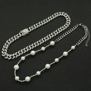 Ensemble de bijoux hip-hop avec chaîne cubaine glacée et collier en perles argentées