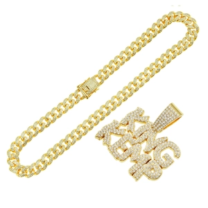 Hip-hop gold Cuban link chain necklace with iced out KING letter pendant and crystals